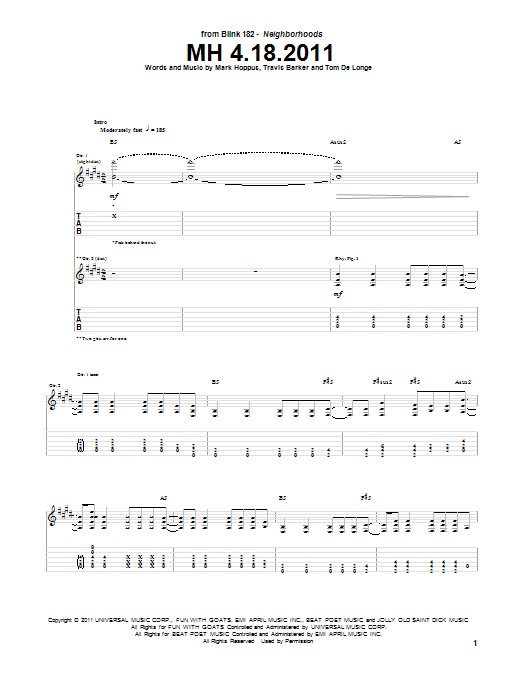 Download Blink-182 MH 4.18.2011 Sheet Music and learn how to play Guitar Tab PDF digital score in minutes