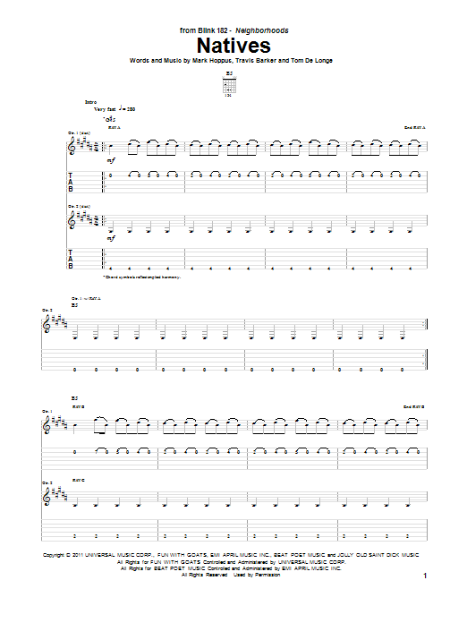 Download Blink-182 Natives Sheet Music and learn how to play Guitar Tab PDF digital score in minutes