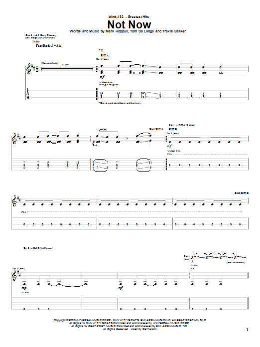Download Blink-182 Not Now Sheet Music and learn how to play Easy Guitar Tab PDF digital score in minutes