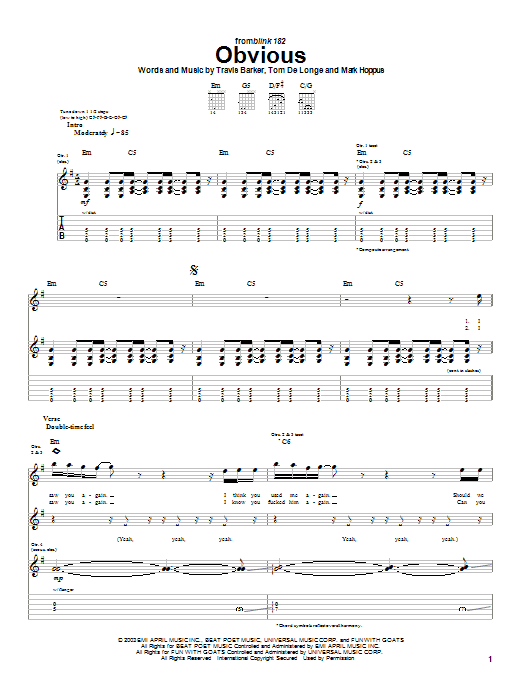 Download Blink-182 Obvious Sheet Music and learn how to play Guitar Tab PDF digital score in minutes
