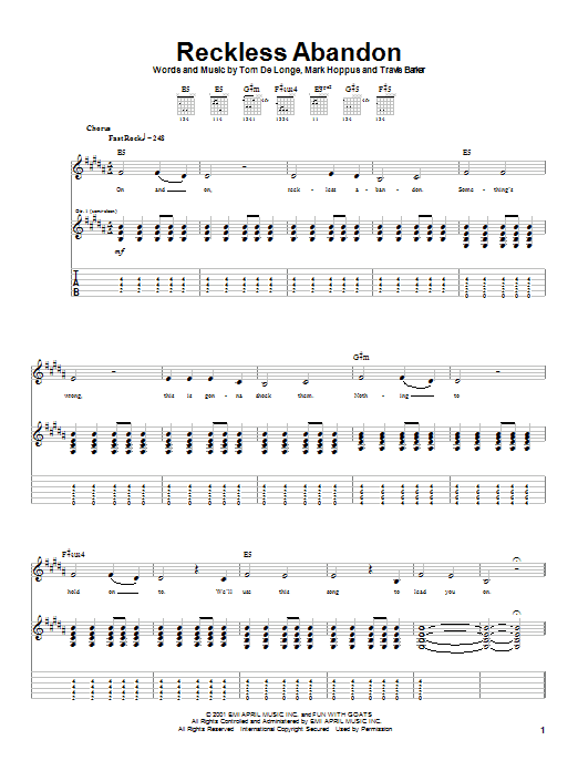 Download Blink-182 Reckless Abandon Sheet Music and learn how to play Guitar Tab PDF digital score in minutes
