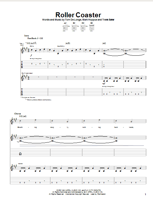 Download Blink-182 Roller Coaster Sheet Music and learn how to play Guitar Tab PDF digital score in minutes