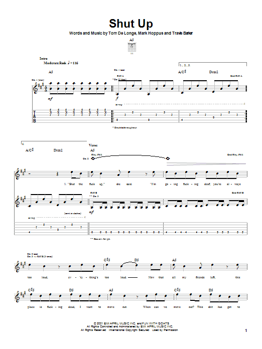 Download Blink-182 Shut Up Sheet Music and learn how to play Guitar Tab PDF digital score in minutes