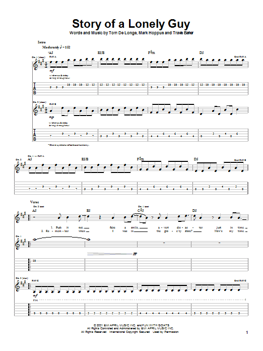 Download Blink-182 Story Of A Lonely Guy Sheet Music and learn how to play Guitar Tab PDF digital score in minutes