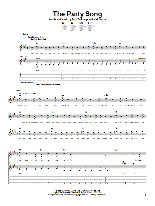 Download Blink-182 The Party Song Sheet Music and learn how to play Guitar Tab PDF digital score in minutes