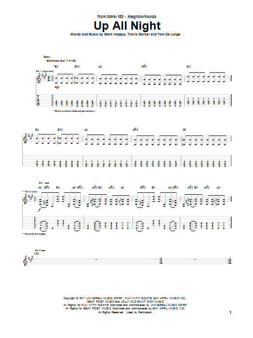 Download Blink-182 Up All Night Sheet Music and learn how to play Guitar Tab PDF digital score in minutes