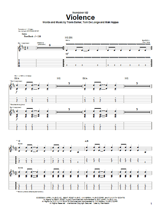 Download Blink-182 Violence Sheet Music and learn how to play Guitar Tab PDF digital score in minutes