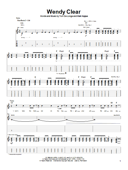 Download Blink-182 Wendy Clear Sheet Music and learn how to play Guitar Tab PDF digital score in minutes