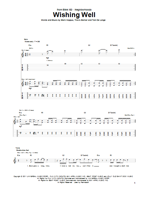 Download Blink-182 Wishing Well Sheet Music and learn how to play Guitar Tab PDF digital score in minutes