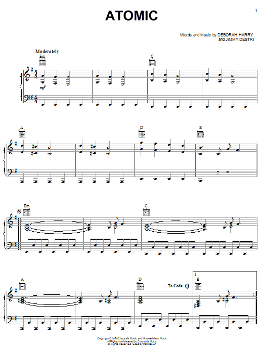 Download Blondie Atomic Sheet Music and learn how to play Piano, Vocal & Guitar (Right-Hand Melody) PDF digital score in minutes