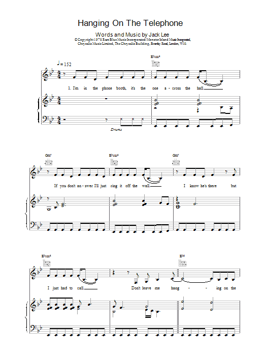 Download Blondie Hanging On The Telephone Sheet Music and learn how to play Piano, Vocal & Guitar (Right-Hand Melody) PDF digital score in minutes