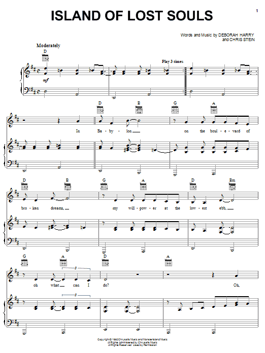Download Blondie Island Of Lost Souls Sheet Music and learn how to play Piano, Vocal & Guitar PDF digital score in minutes