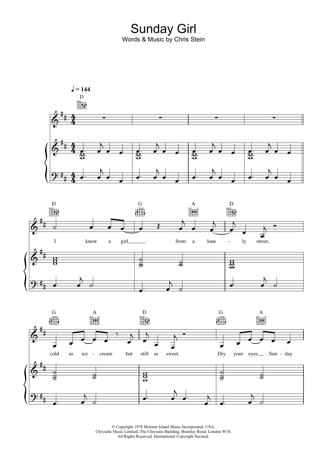 Download Blondie Sunday Girl Sheet Music and learn how to play Piano, Vocal & Guitar (Right-Hand Melody) PDF digital score in minutes