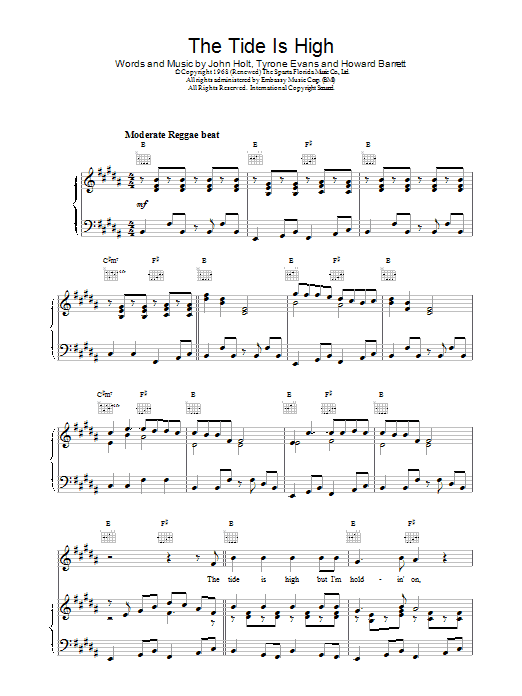 Download Blondie The Tide Is High Sheet Music and learn how to play Ukulele with strumming patterns PDF digital score in minutes
