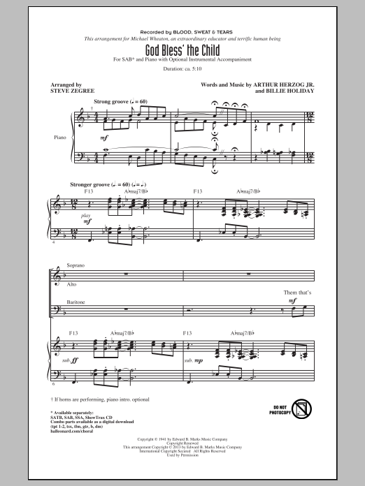 Download Steve Zegree God Bless' The Child Sheet Music and learn how to play SAB PDF digital score in minutes
