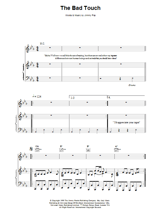 Download The Bloodhound Gang The Bad Touch Sheet Music and learn how to play Piano, Vocal & Guitar PDF digital score in minutes