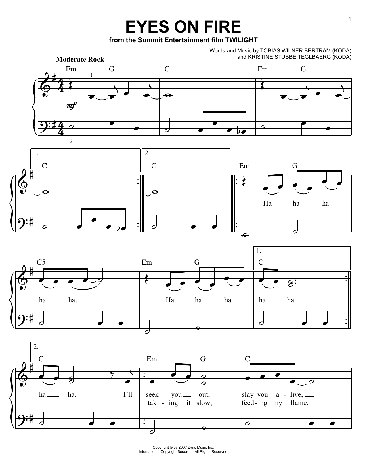 Download Blue Foundation Eyes On Fire Sheet Music and learn how to play Piano, Vocal & Guitar Chords (Right-Hand Melody) PDF digital score in minutes