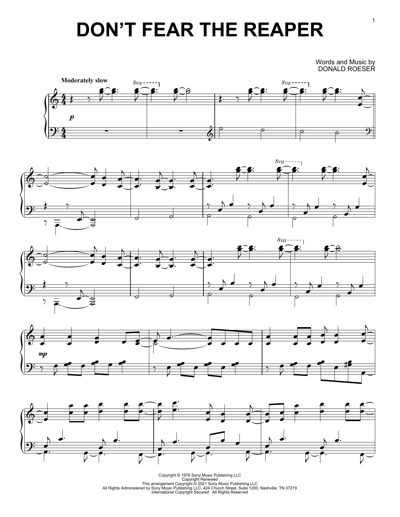 Download Blue Oyster Cult Don't Fear The Reaper [Classical version] (arr. David Pearl) Sheet Music and learn how to play Piano Solo PDF digital score in minutes