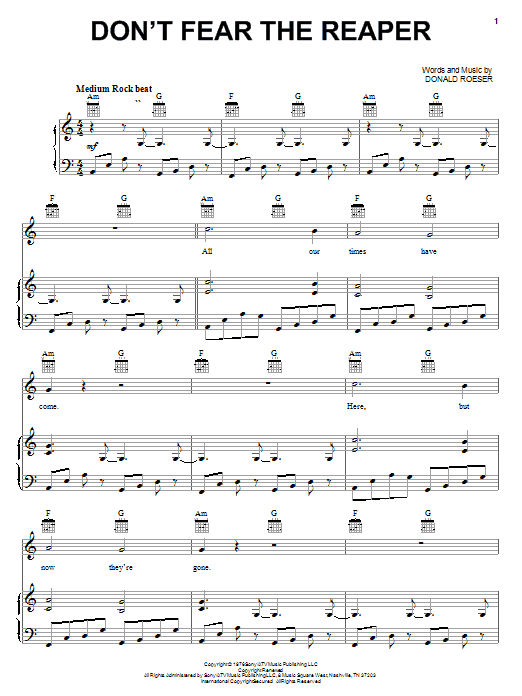 Download Blue Oyster Cult (Don't Fear) The Reaper Sheet Music and learn how to play Lyrics & Chords PDF digital score in minutes