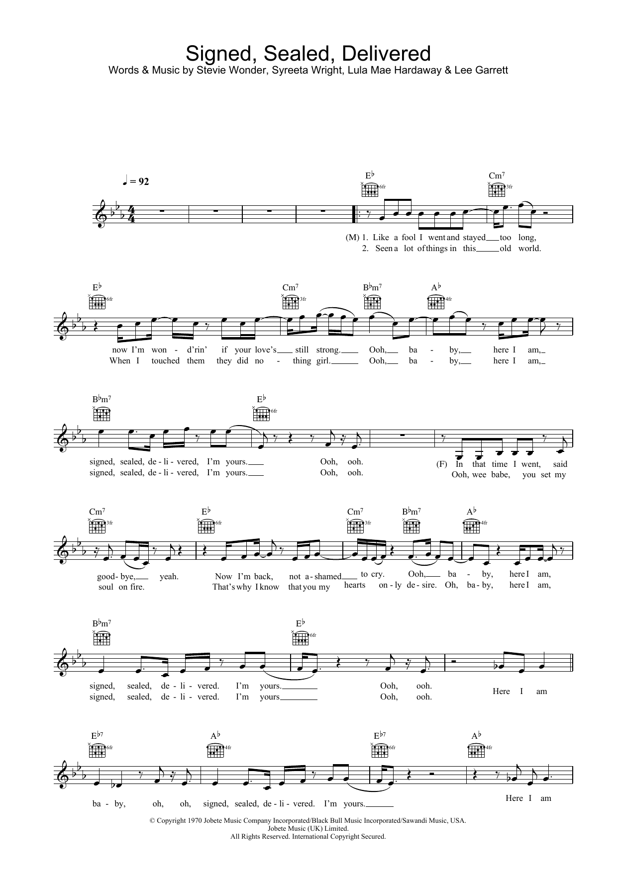 Download Blue Signed, Sealed, Delivered (featuring Stevie Wonder) Sheet Music and learn how to play Lead Sheet / Fake Book PDF digital score in minutes