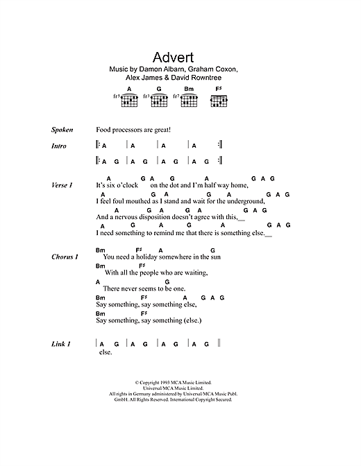 Download Blur Advert Sheet Music and learn how to play Lyrics & Chords PDF digital score in minutes