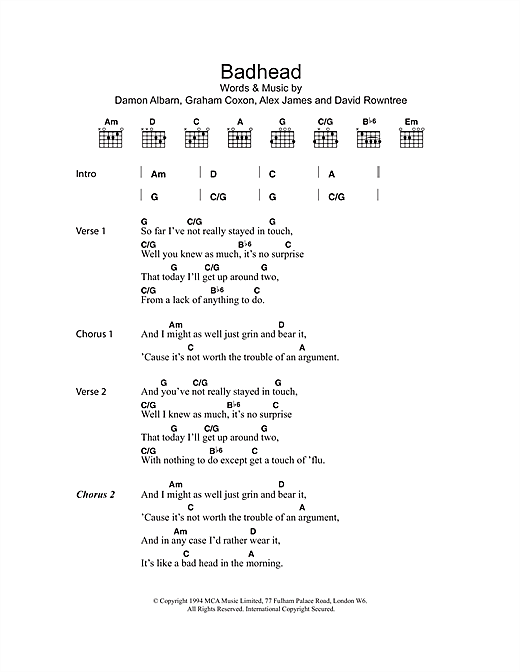 Download Blur Badhead Sheet Music and learn how to play Lyrics & Chords PDF digital score in minutes