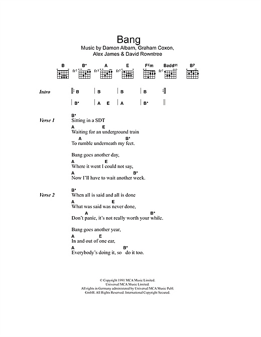Download Blur Bang Sheet Music and learn how to play Piano, Vocal & Guitar (Right-Hand Melody) PDF digital score in minutes