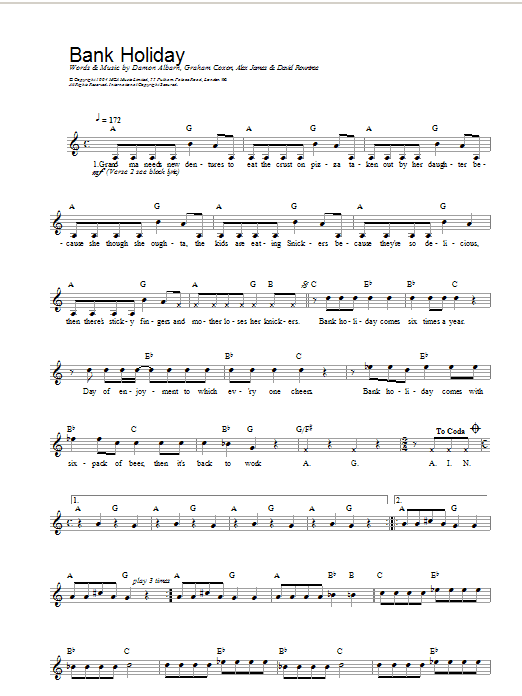 Download Blur Bank Holiday Sheet Music and learn how to play Melody Line, Lyrics & Chords PDF digital score in minutes