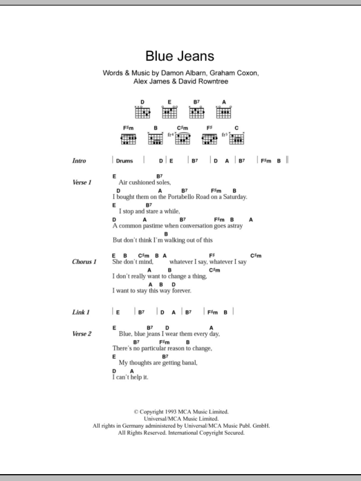 Download Blur Blue Jeans Sheet Music and learn how to play Lyrics & Chords PDF digital score in minutes