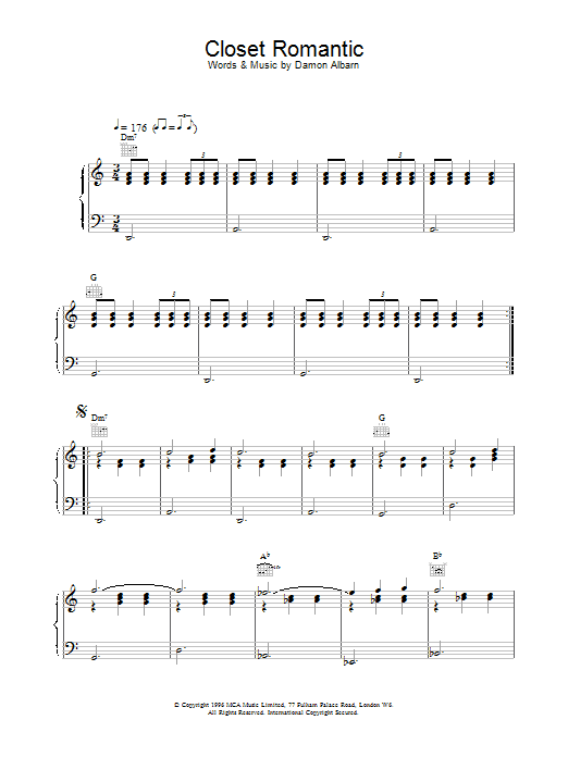 Download Blur Closet Romantic Sheet Music and learn how to play Piano, Vocal & Guitar (Right-Hand Melody) PDF digital score in minutes