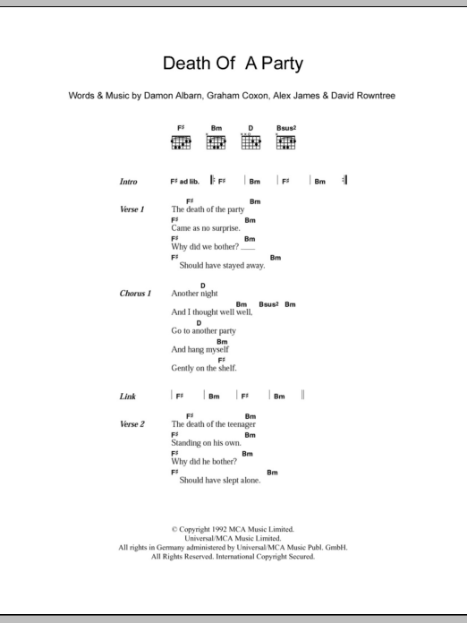 Download Blur Death Of A Party Sheet Music and learn how to play Lyrics & Chords PDF digital score in minutes