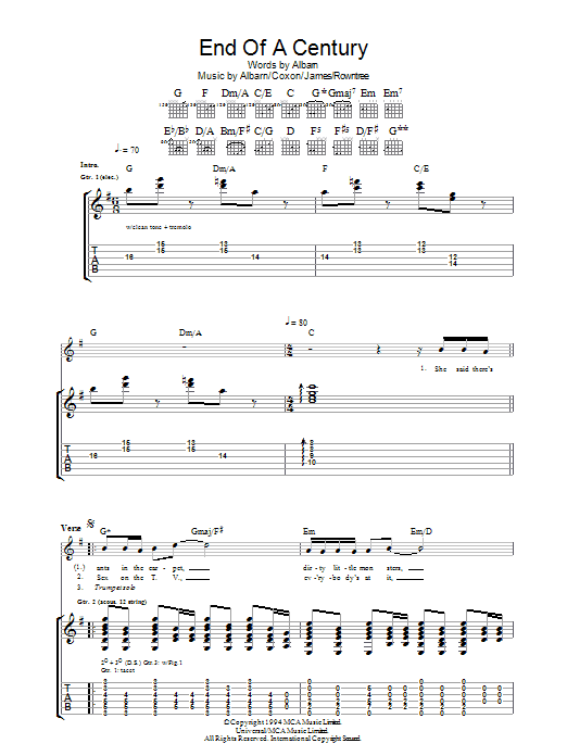 Download Blur End Of A Century Sheet Music and learn how to play Guitar Tab PDF digital score in minutes