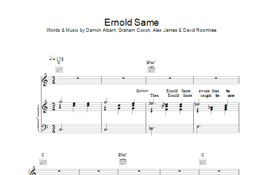 Download Blur Ernold Same Sheet Music and learn how to play Piano, Vocal & Guitar (Right-Hand Melody) PDF digital score in minutes