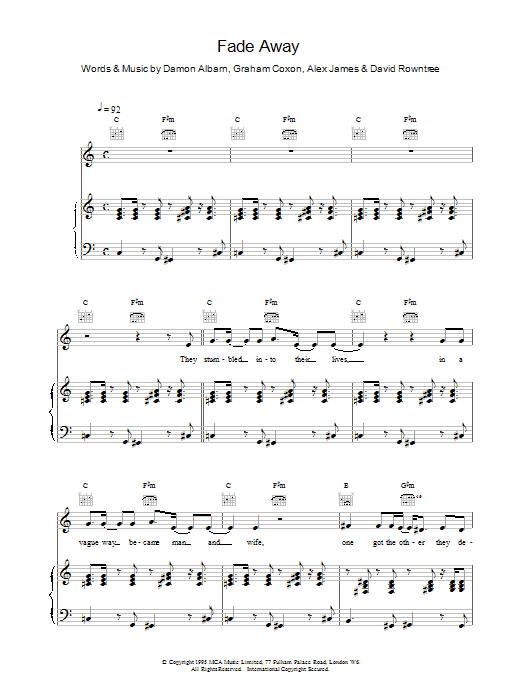 Download Blur Fade Away Sheet Music and learn how to play Piano, Vocal & Guitar (Right-Hand Melody) PDF digital score in minutes