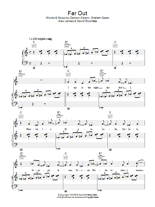 Download Blur Far Out Sheet Music and learn how to play Piano, Vocal & Guitar PDF digital score in minutes