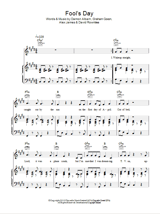 Download Blur Fool's Day Sheet Music and learn how to play Piano, Vocal & Guitar (Right-Hand Melody) PDF digital score in minutes