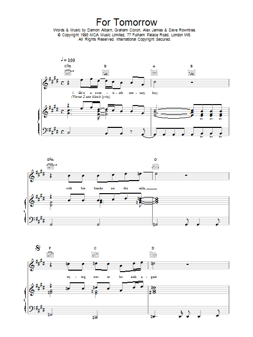 Download Blur For Tomorrow Sheet Music and learn how to play Piano, Vocal & Guitar (Right-Hand Melody) PDF digital score in minutes