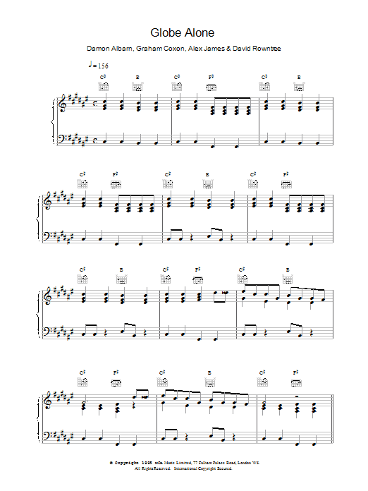 Download Blur Globe Alone Sheet Music and learn how to play Piano, Vocal & Guitar (Right-Hand Melody) PDF digital score in minutes