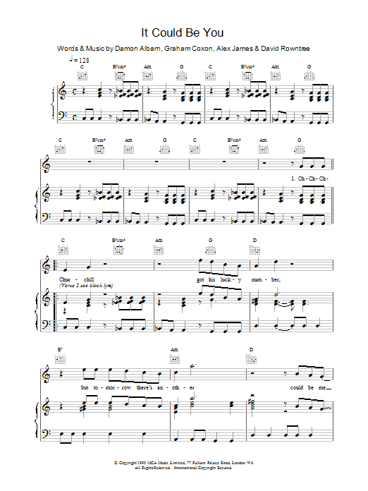 Download Blur It Could Be You Sheet Music and learn how to play Piano, Vocal & Guitar (Right-Hand Melody) PDF digital score in minutes