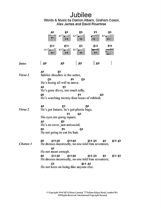 Download Blur Jubilee Sheet Music and learn how to play Piano, Vocal & Guitar (Right-Hand Melody) PDF digital score in minutes