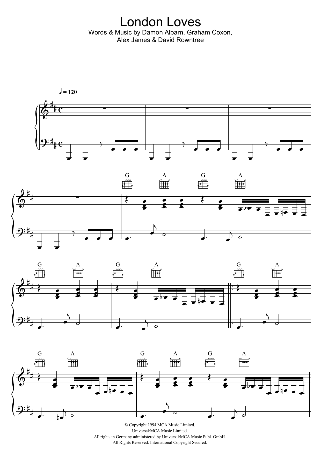 Download Blur London Loves Sheet Music and learn how to play Lyrics & Chords PDF digital score in minutes