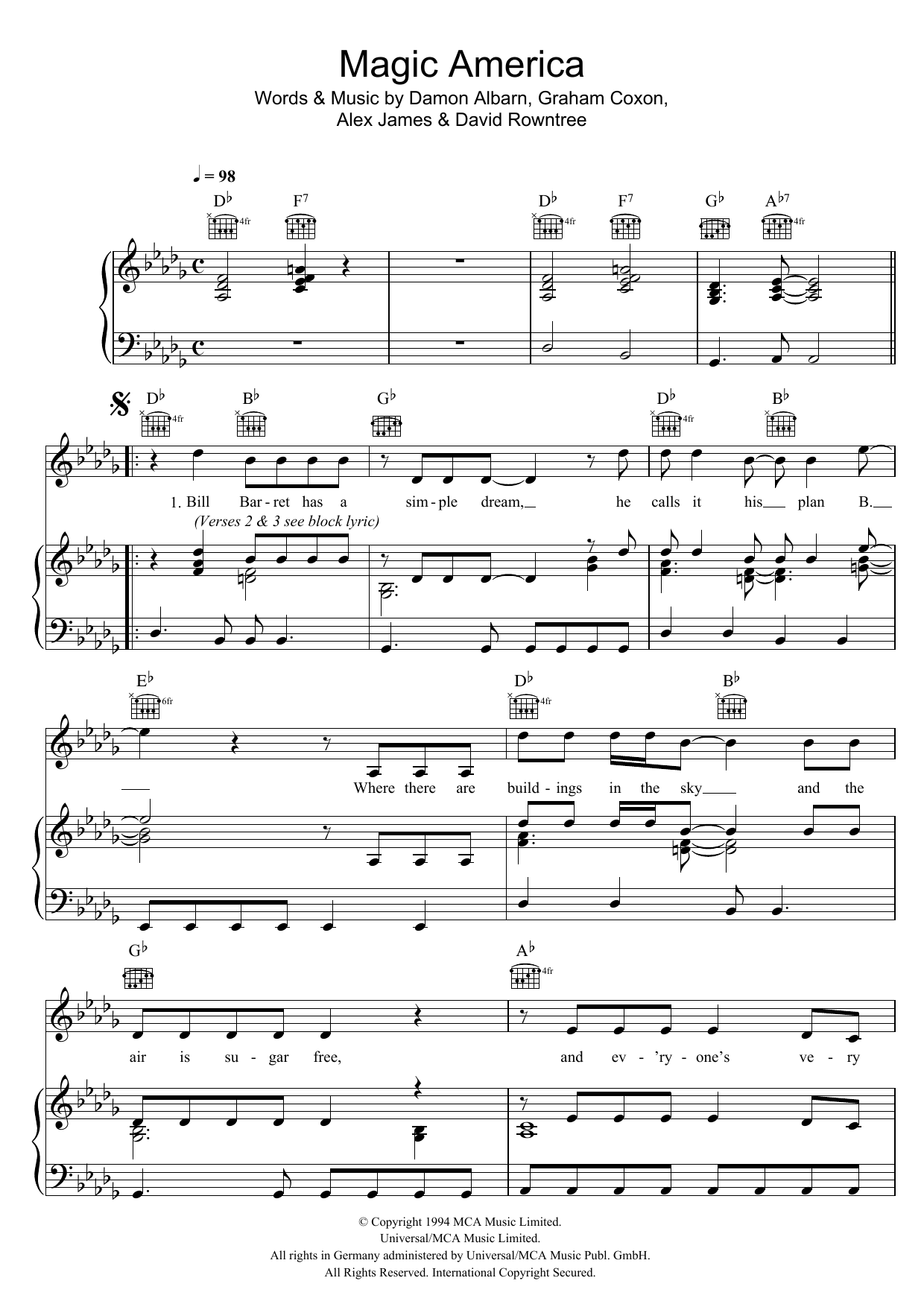 Download Blur Magic America Sheet Music and learn how to play Piano, Vocal & Guitar (Right-Hand Melody) PDF digital score in minutes