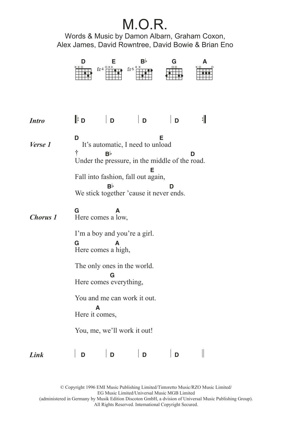 Download Blur M.O.R. Sheet Music and learn how to play Lyrics & Chords PDF digital score in minutes