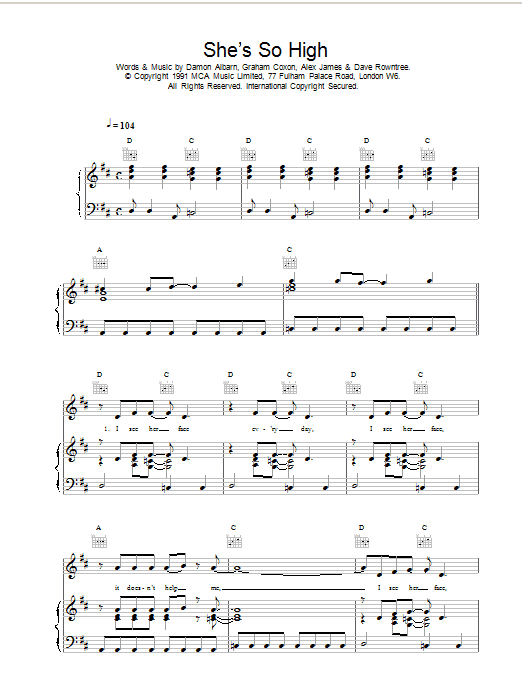 Download Blur She's So High Sheet Music and learn how to play Piano, Vocal & Guitar (Right-Hand Melody) PDF digital score in minutes