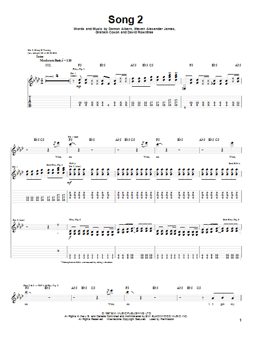 Download Blur Song 2 Sheet Music and learn how to play Guitar Tab PDF digital score in minutes