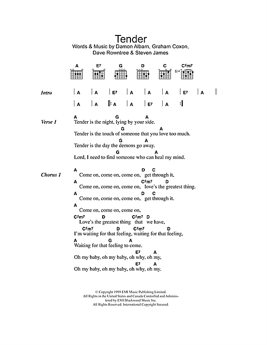 Download Blur Tender Sheet Music and learn how to play Piano, Vocal & Guitar (Right-Hand Melody) PDF digital score in minutes