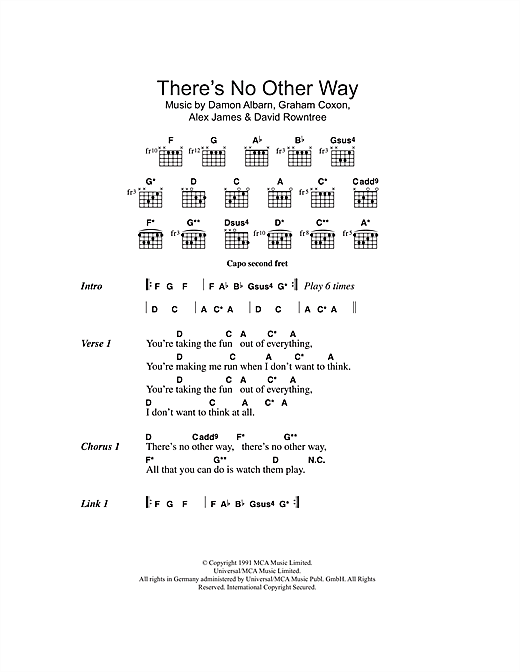 Download Blur Sheet Music and learn how to play Piano, Vocal & Guitar (Right-Hand Melody) PDF score in minutes