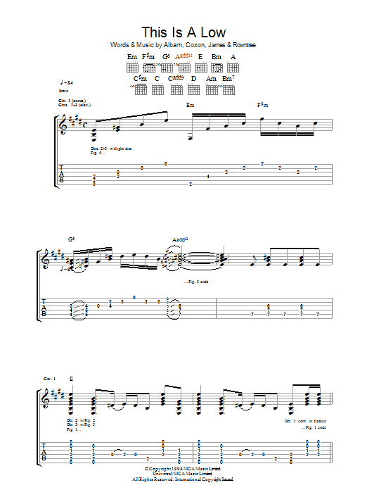 Download Blur This Is A Low Sheet Music and learn how to play Guitar Tab PDF digital score in minutes
