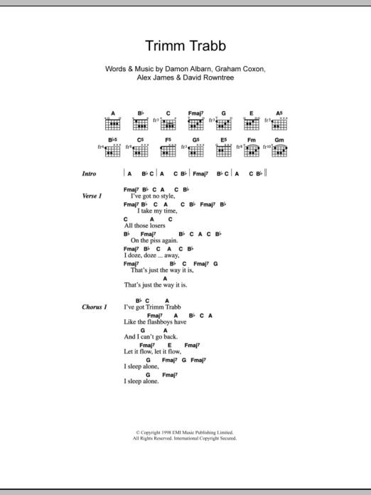 Download Blur Trimm Trabb Sheet Music and learn how to play Lyrics & Chords PDF digital score in minutes