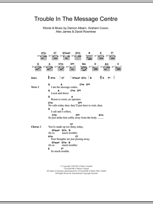 Download Blur Trouble In The Message Centre Sheet Music and learn how to play Piano, Vocal & Guitar PDF digital score in minutes